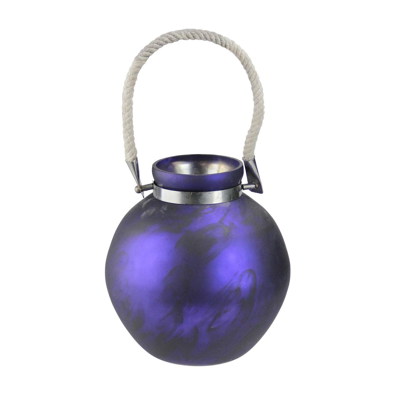 14.5" Seaside Treasures Indigo & Black Marbled Glass Hurricane With Rope Handle